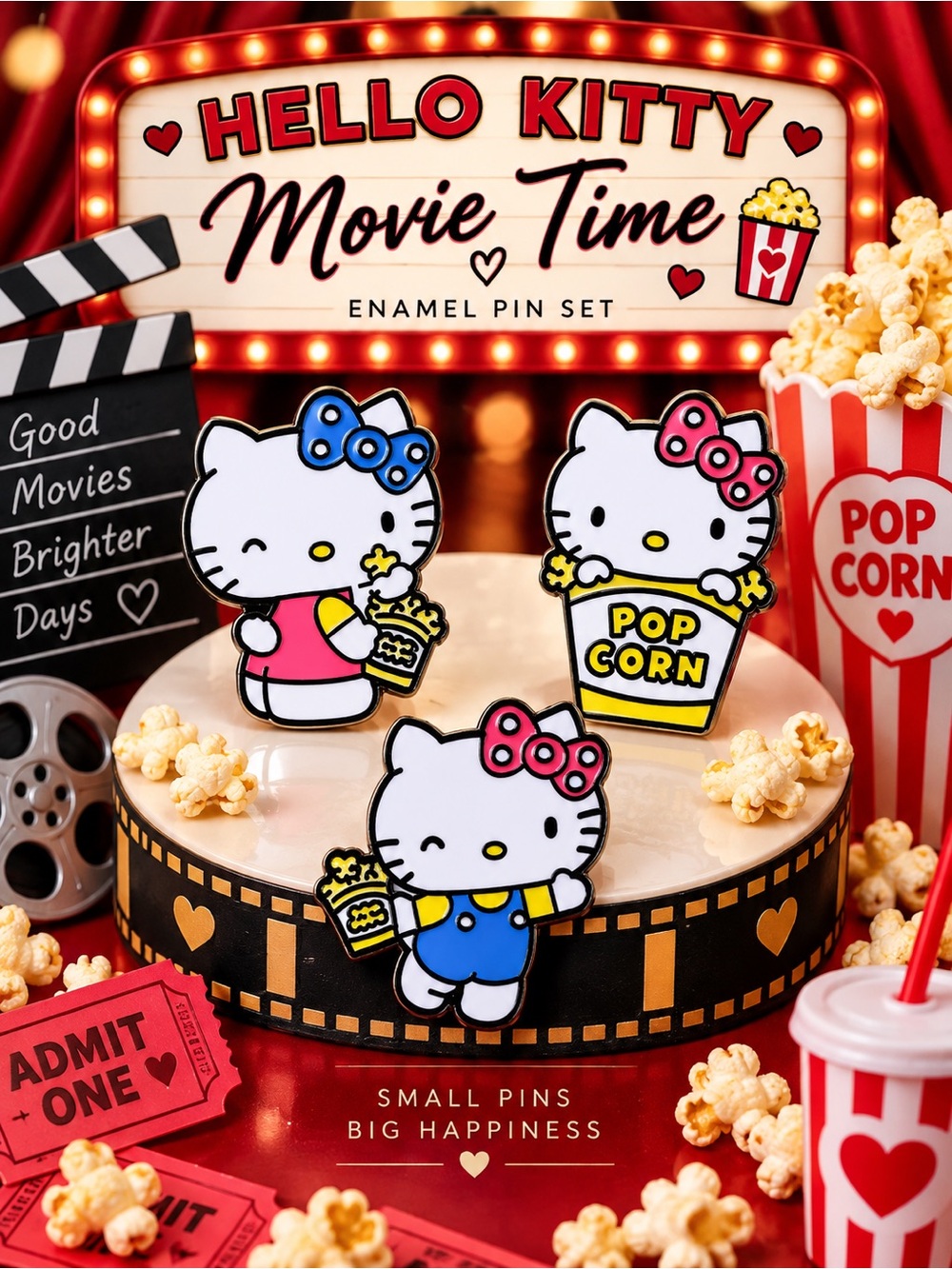 Hello Kitty Movie Night Enamel Pin Set of 3 Popcorn.